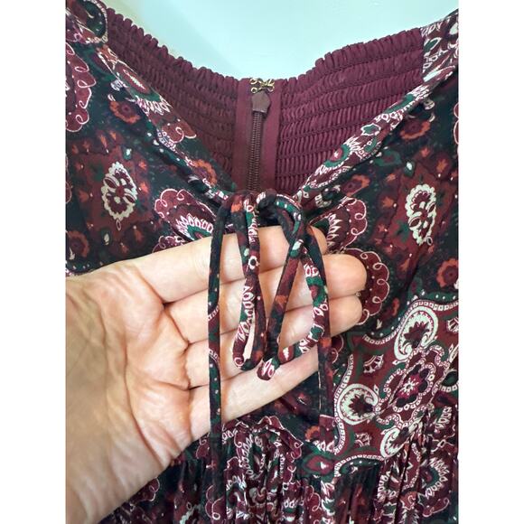 Cara Cara Burgundy Floral Print Tiered Midi Dress With Ruched Sleeves Size Large - Picture 4 of 9